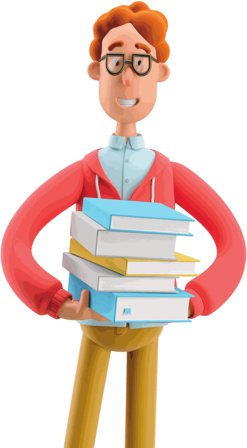 Illustrazione: un ragazzo con gli occhiali tiene una pila di libri